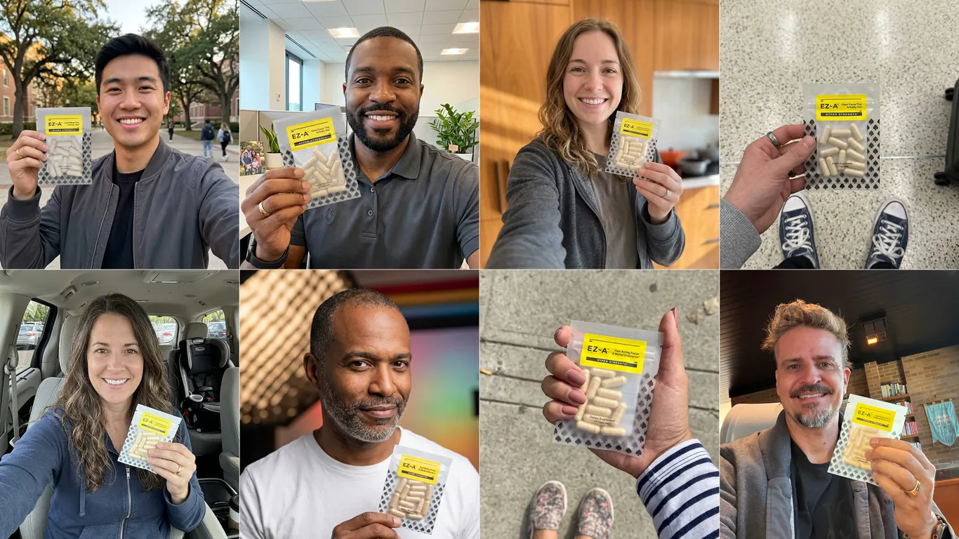 EZ-A customers holding nootropic supplement sample packs in a collage of selfies