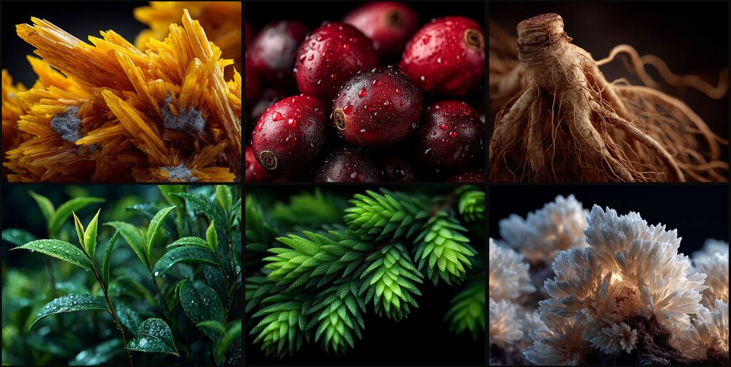 Six-cell grid of EZ-A super nootropic ingredients: B vitamin complex crystals, caffeine berries, Panax ginseng root, L-theanine tea leaves, Huperzine A moss, and N-Acetyl L-Tyrosine crystals